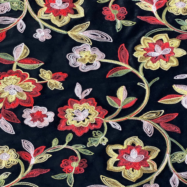 Briony Multicolor Floral Embroidered Stretch Velvet Fabric - Multicolor Floral Embroidery, 52" Width (1 Yard)
