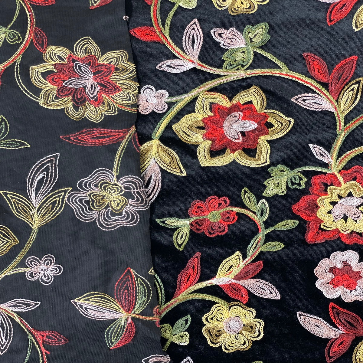 Briony Multicolor Floral Embroidered Stretch Velvet Fabric - Multicolor Floral Embroidery, 52" Width (1 Yard)
