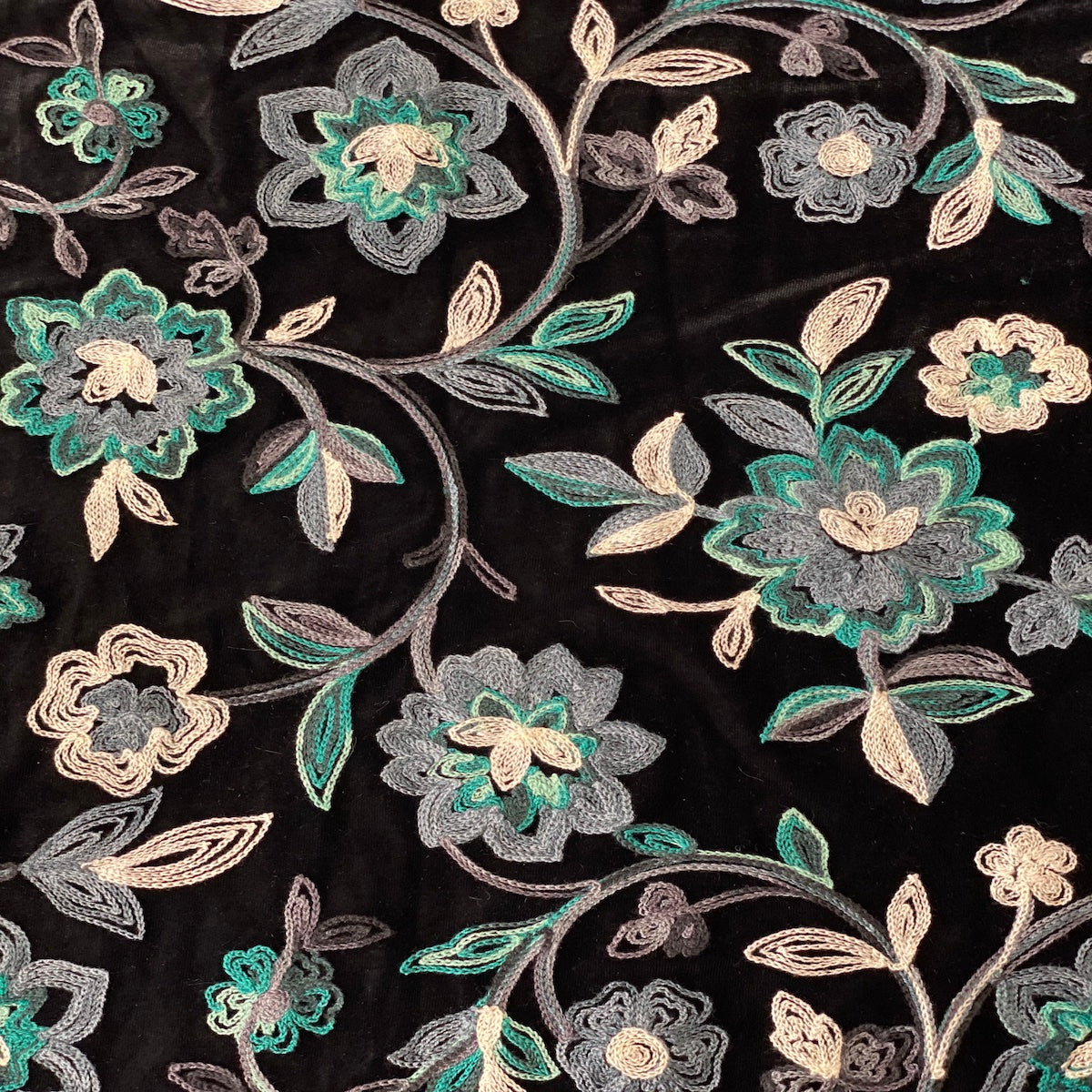 Briony Multicolor Floral Embroidered Stretch Velvet Fabric - Multicolor Floral Embroidery, 52" Width (1 Yard)