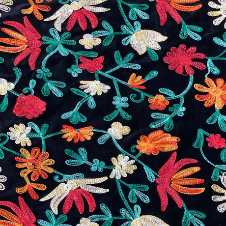 Briony Multicolor Floral Embroidered Stretch Velvet Fabric - Multicolor Floral Embroidery, 52" Width (1 Yard)
