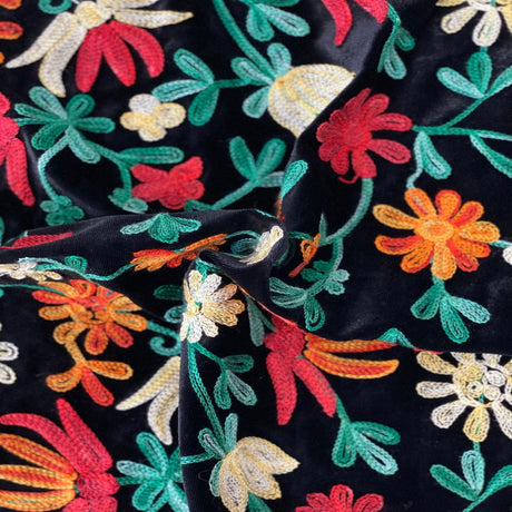 Embroidered Stretch Velvet Fabric Multicolor Floral