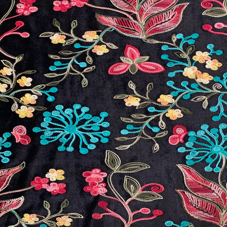 Briony Multicolor Floral Embroidered Stretch Velvet Fabric - Multicolor Floral Embroidery, 52" Width (1 Yard)