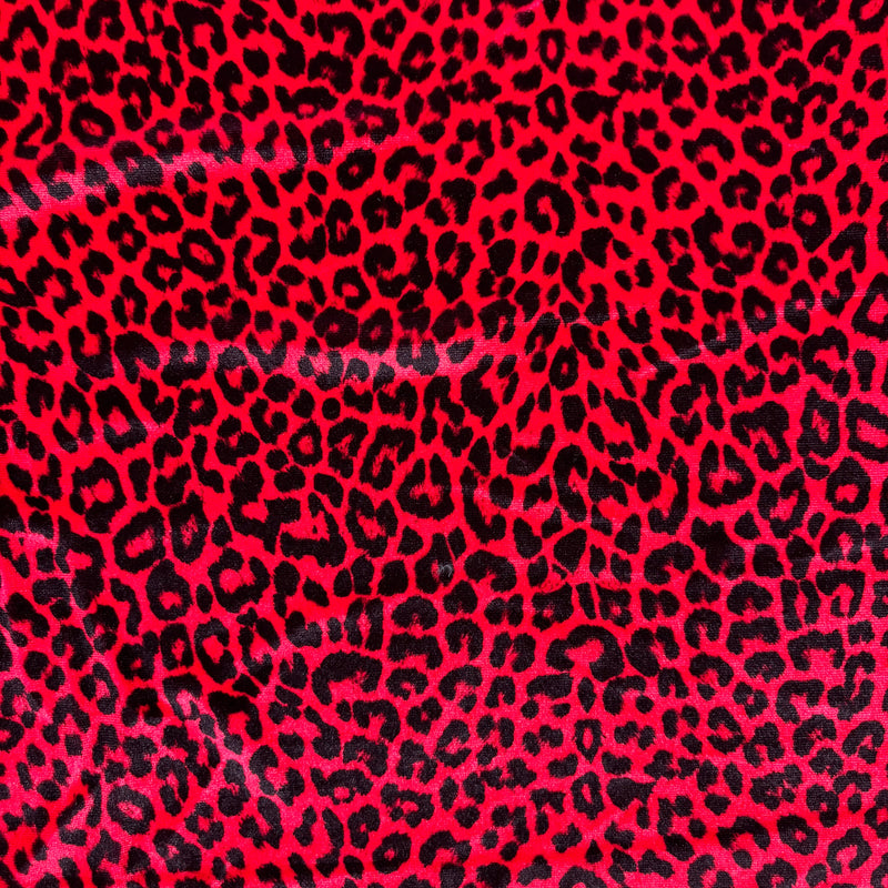 Red Leopard Print Velvet Fabric - Red Leopard Print, 4-Way Stretch (1 Yard)