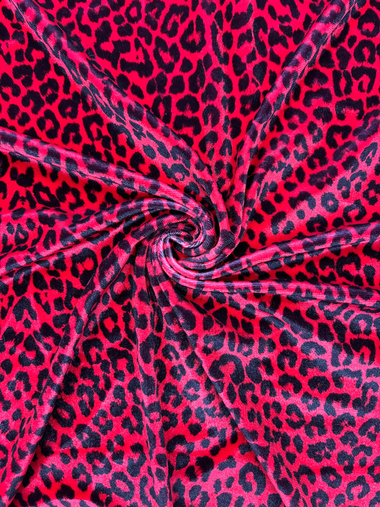 Red Leopard Print Velvet Fabric - Red Leopard Print, 4-Way Stretch (1 Yard)