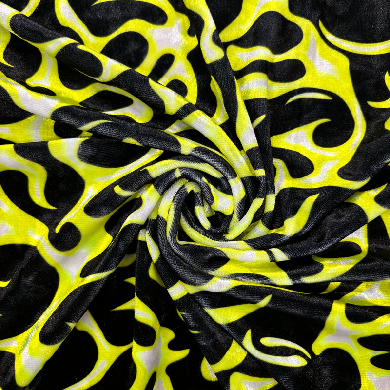 Yellow Flame Printed Velvet Fabric - Yellow Flame Print, 1 Yard