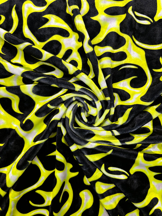Yellow Flame Printed Velvet Fabric - Yellow Flame Print, 1 Yard
