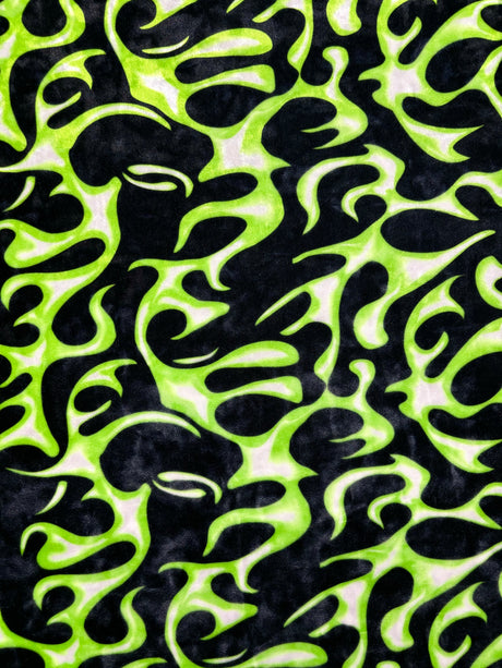Green Flame Printed Velvet Fabric - Green Flame Print, 4-Way Stretch (1 Yard)