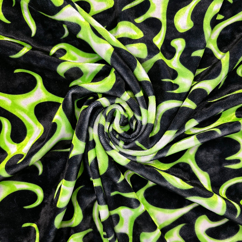 Green Flame Printed Velvet Fabric - Green Flame Print, 4-Way Stretch (1 Yard)