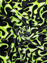 Green Flame Printed Velvet Fabric - Green Flame Print, 4-Way Stretch (1 Yard)