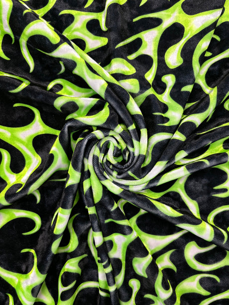 Green Flame Printed Velvet Fabric - Green Flame Print, 4-Way Stretch (1 Yard)
