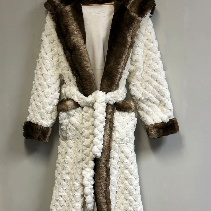 Offwhite Faux Fur Robe with Hood Elegant Long Belted Robe, Soft & Cozy for Winter Lounge Wear