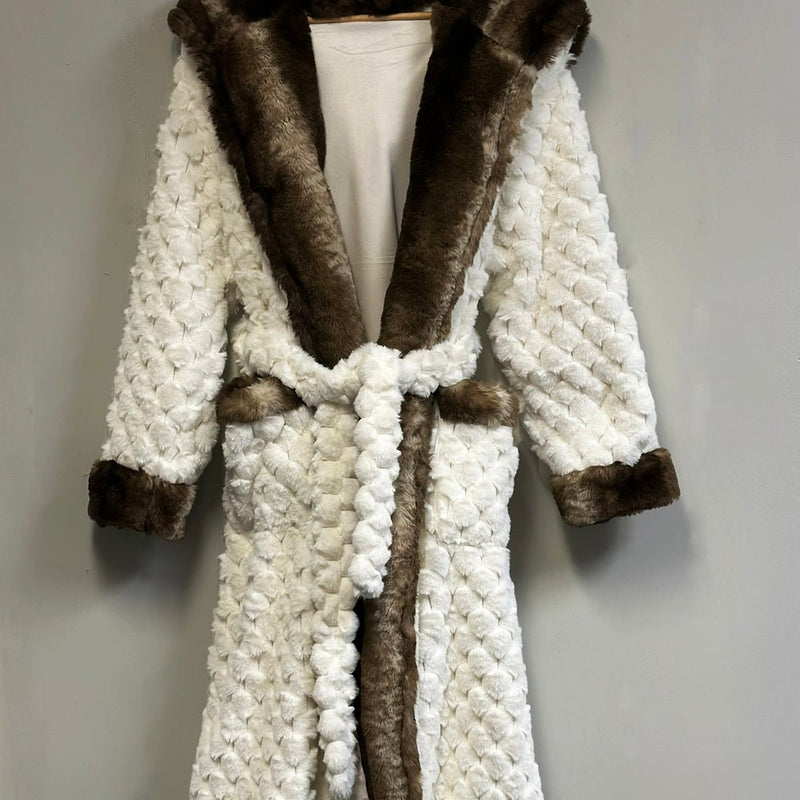 Winter Luxurious Offwhite Faux Fur Hooded Robe Plush Velvet Lined