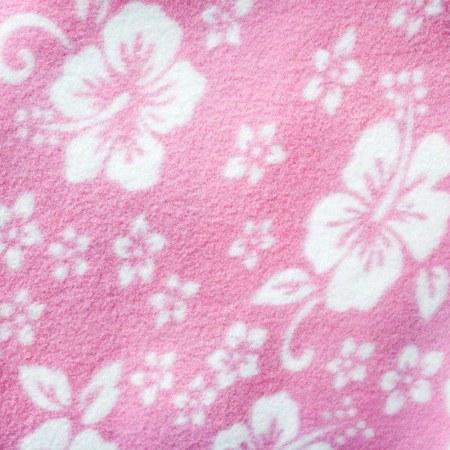Hawaiian White Hibiscus Foliage Pink Anti Pill Premium Fleece Fabric,