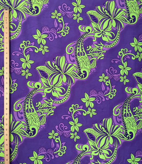 Diagonal Hibiscus Plumeria Sea Turtle Swirl Design Peachskin Fabric - Gray, Teal, Yellow, Orange, Red, Green, Purple, Royal, 45" Width (1 Yard)