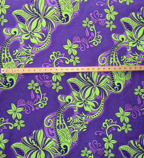 Diagonal Hibiscus Plumeria Sea Turtle Swirl Design Peachskin Fabric - Gray, Teal, Yellow, Orange, Red, Green, Purple, Royal, 45" Width (1 Yard)