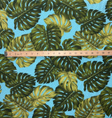 Monstera Leaf 100 Percent Cotton Fabric - Monstera Leaf Print, Light Blue, Black, Ivory, 56" Width (1 Yard)