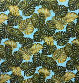 Monstera Leaf 100 Percent Cotton Fabric - Monstera Leaf Print, Light Blue, Black, Ivory, 56" Width (1 Yard)