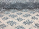 Sequin Lace Fabric With Embroideries On Mesh - 100 Percent Polyester Fabric, Double Scalloped Floral Lace, 51" Width (1 Yard)
