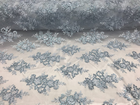 Sequin Lace Fabric With Embroideries On Mesh - 100 Percent Polyester Fabric, Double Scalloped Floral Lace, 51" Width (1 Yard)
