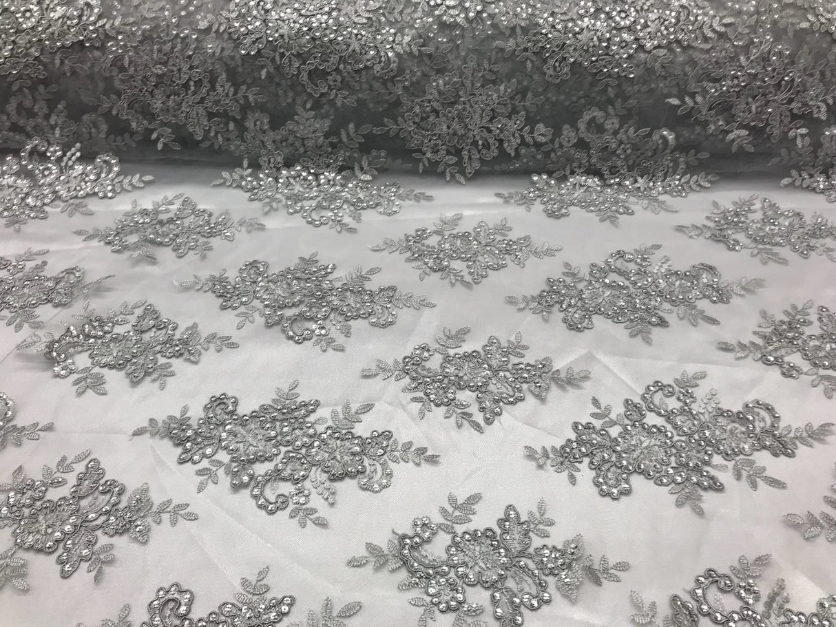 Sequin Lace Fabric With Embroideries On Mesh - 100 Percent Polyester Fabric, Double Scalloped Floral Lace, 51" Width (1 Yard)