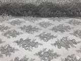 Sequin Lace Fabric With Embroideries On Mesh - 100 Percent Polyester Fabric, Double Scalloped Floral Lace, 51" Width (1 Yard)