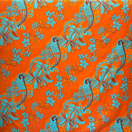 Diagonal Hibiscus Plumeria Sea Turtle Swirl Design Peachskin Fabric - Multi Color Tropical Print, 45" Width (1 Yard)