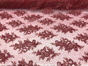 Sequin Lace Fabric With Embroideries On Mesh - 100 Percent Polyester Fabric, Double Scalloped Floral Lace, 51" Width (1 Yard)
