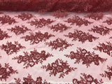 Sequin Lace Fabric With Embroideries On Mesh - 100 Percent Polyester Fabric, Double Scalloped Floral Lace, 51" Width (1 Yard)