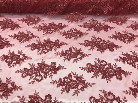 Sequin Lace Fabric With Embroideries On Mesh - 100 Percent Polyester Fabric, Double Scalloped Floral Lace, 51" Width (1 Yard)