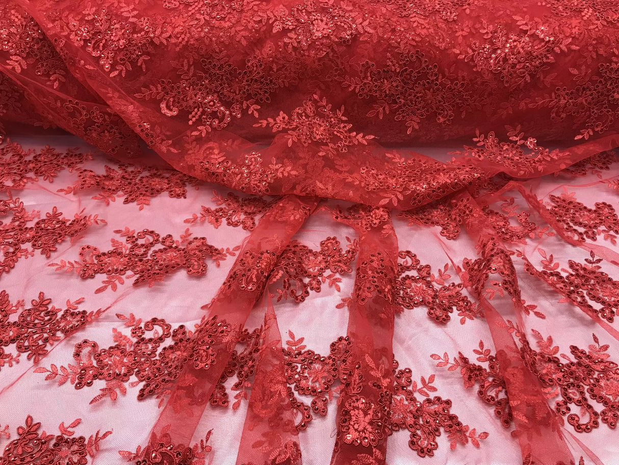 Sequin Lace Fabric With Embroideries On Mesh - 100 Percent Polyester Fabric, Double Scalloped Floral Lace, 51" Width (1 Yard)