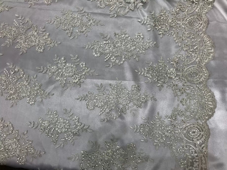Sequin Lace Fabric With Embroideries On Mesh - 100 Percent Polyester Fabric, Double Scalloped Floral Lace, 51" Width (1 Yard)