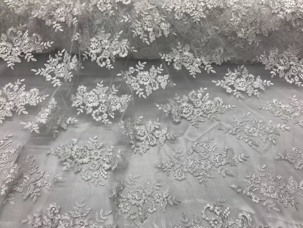 Sequin Lace Fabric With Embroideries On Mesh - 100 Percent Polyester Fabric, Double Scalloped Floral Lace, 51" Width (1 Yard)
