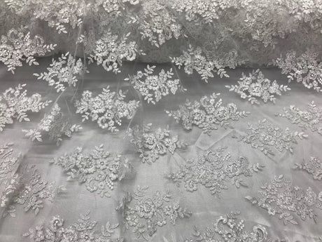 Sequin Lace Fabric With Embroideries On Mesh - 100 Percent Polyester Fabric, Double Scalloped Floral Lace, 51" Width (1 Yard)