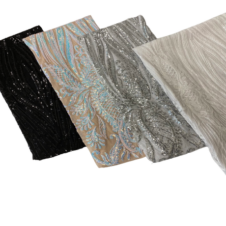 Nebill Stretch Sequins Lace Fabric - Nylon Spandex Mesh Fabric, 12" Pattern Repeat, 60" Mesh Width, 52" Sequins Width (1 Yard)