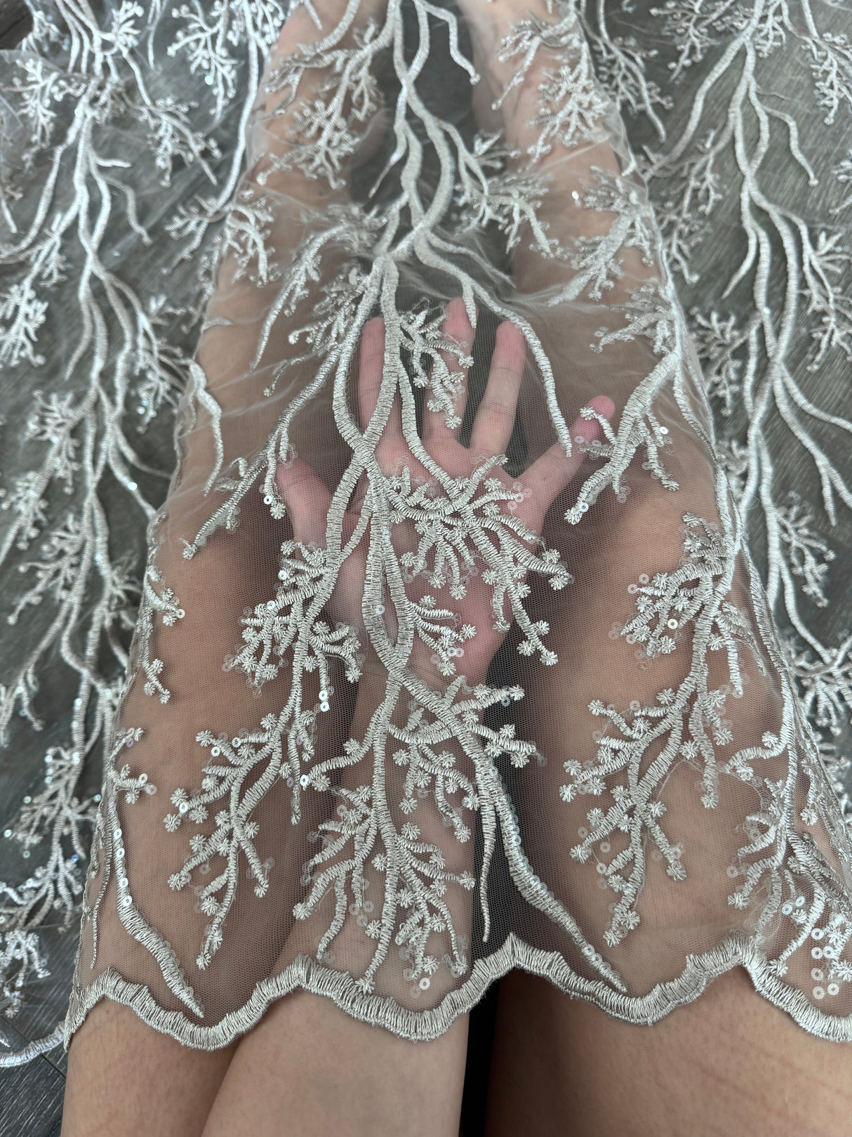Silver Embroidered Branch Bridal Lace