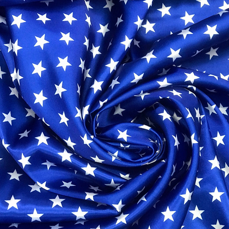 Patriotic Stars Charmeuse Print Royal Polyester Fabric - White Stars Print, Royal, 60" Width (1 Yard)