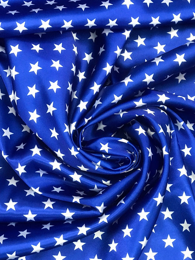 Patriotic Stars Charmeuse Print Royal Polyester Fabric - White Stars Print, Royal, 60" Width (1 Yard)