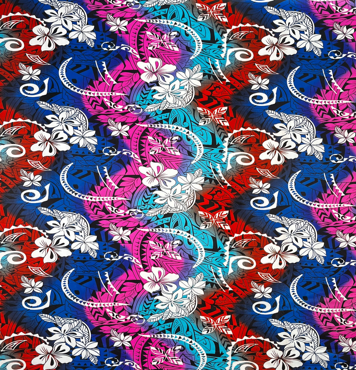 Multicolored Traditional Tattoo & Plumeria Design Polyester Fabric - Multicolored Tattoo And Plumeria Print, 45" Width (1 Yard)