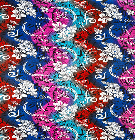 Multicolored Traditional Tattoo & Plumeria Design Polyester Fabric - Multicolored Tattoo And Plumeria Print, 45" Width (1 Yard)