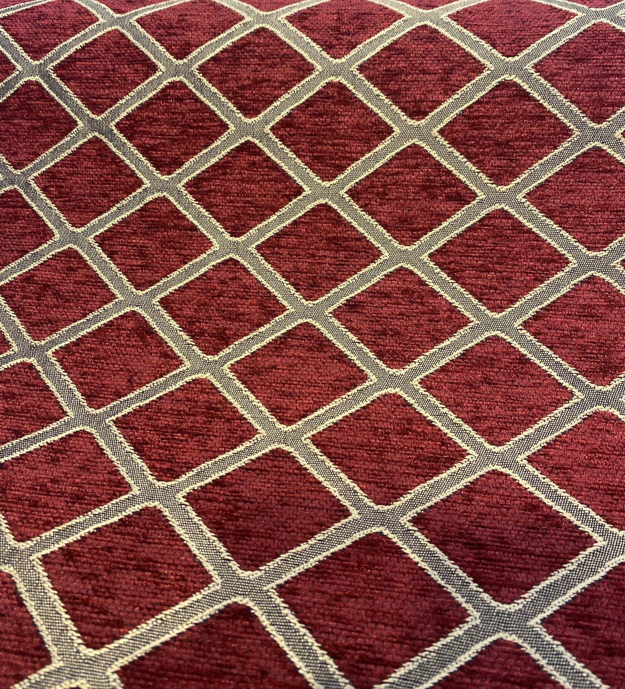 Cleopatra Chenille Upholstery Fabric - Diamond Ruby Red Gold Print, 56" Width (By The Yard)