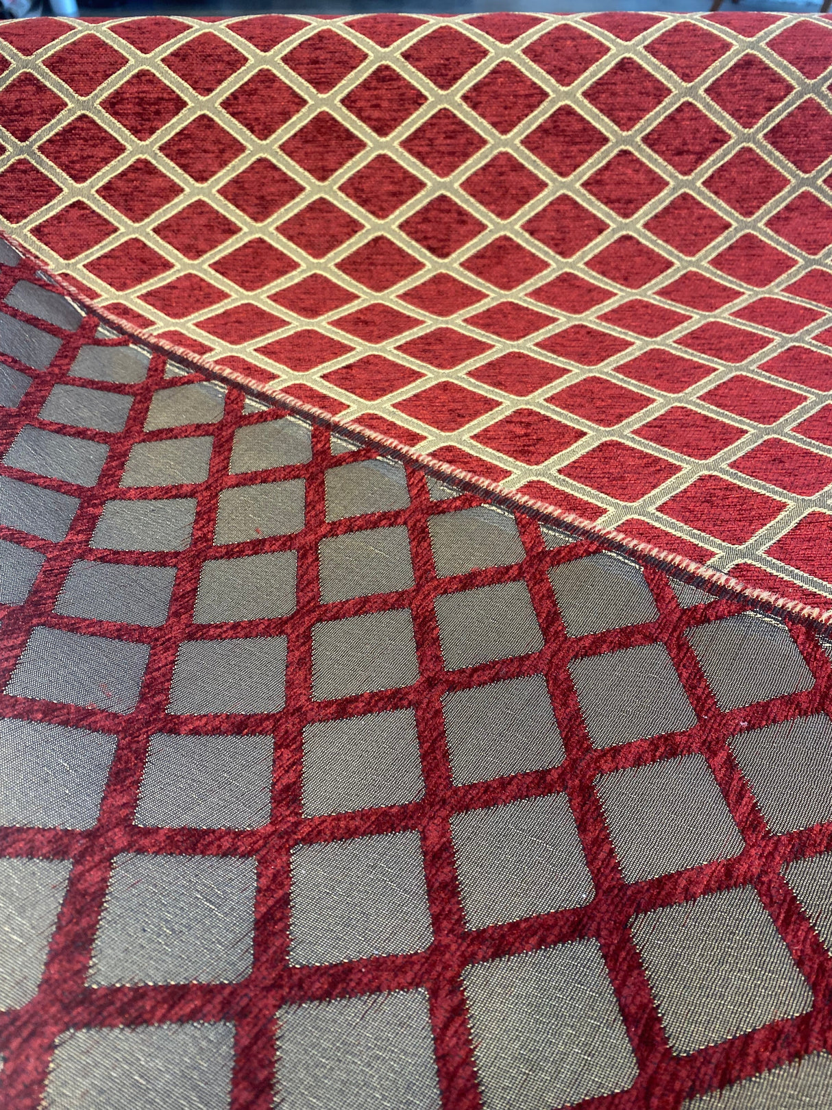 Cleopatra Chenille Upholstery Fabric - Diamond Ruby Red Gold Print, 56" Width (By The Yard)