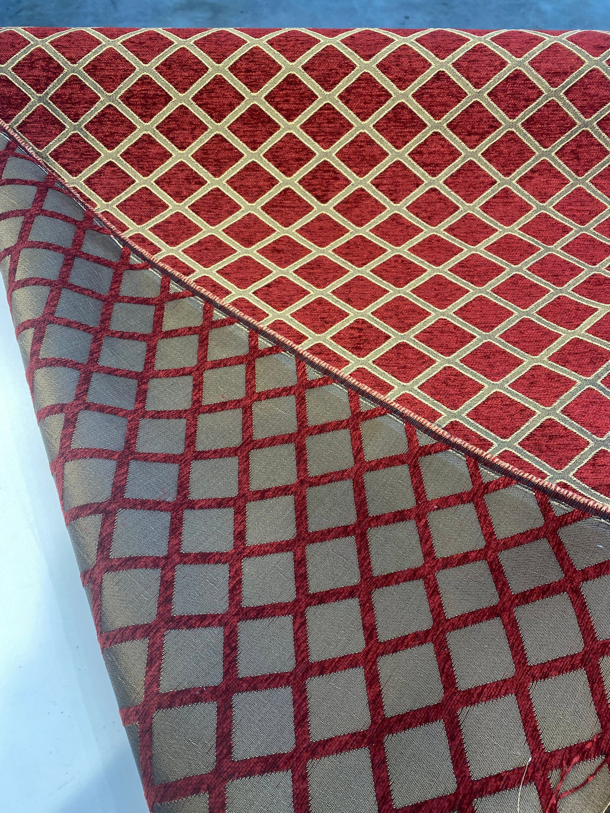 Cleopatra Chenille Upholstery Fabric - Diamond Ruby Red Gold Print, 56" Width (By The Yard)