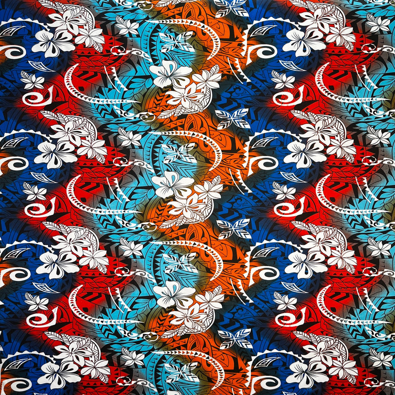 Multicolored Traditional Tattoo & Plumeria Design Polyester Fabric - Multicolored Tattoo And Plumeria Print, 45" Width (1 Yard)