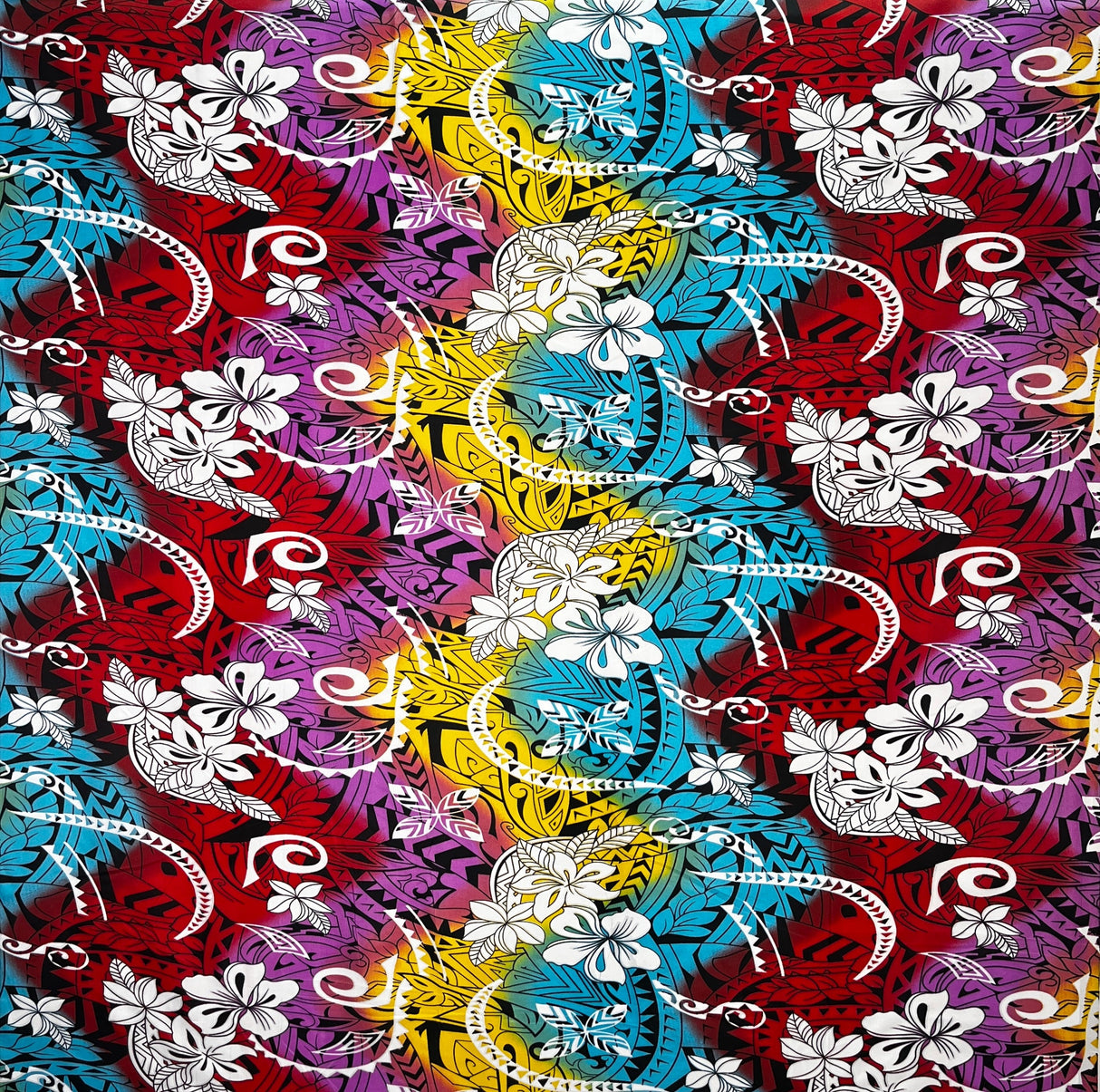 Multicolored Traditional Tattoo & Plumeria Design Polyester Fabric - Multicolored Tattoo And Plumeria Print, 45" Width (1 Yard)