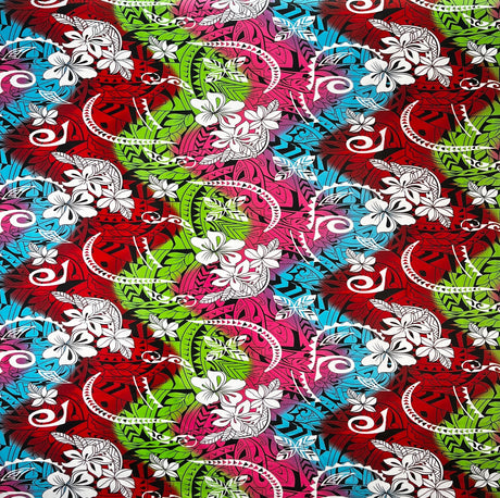 Multicolored Traditional Tattoo & Plumeria Design Polyester Fabric - Multicolored Tattoo And Plumeria Print, 45" Width (1 Yard)