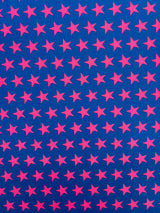 Star Print Spandex Fabric - Blue With Pink Stars, 58"/60" Width (1 Yard)