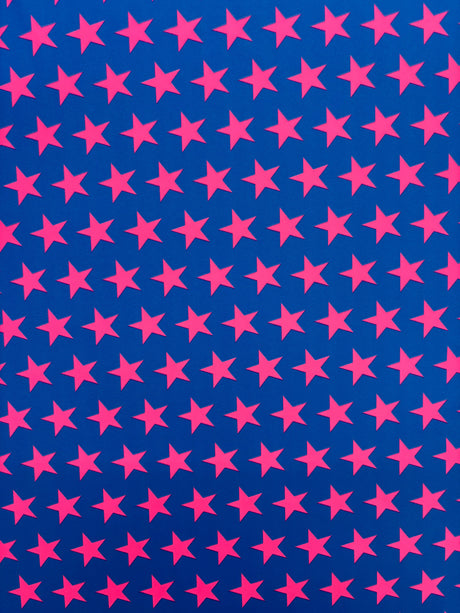 Star Print Spandex Fabric - Blue With Pink Stars, 58"/60" Width (1 Yard)