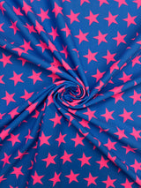 Star Print Spandex Fabric - Blue With Pink Stars, 58"/60" Width (1 Yard)