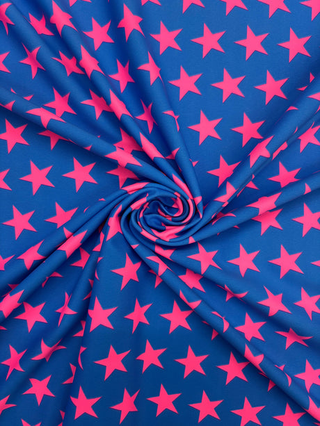 Star Print Spandex Fabric - Blue With Pink Stars, 58"/60" Width (1 Yard)