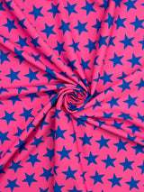 Star Print Spandex Fabric - Blue With Pink Stars, 58"/60" Width (1 Yard)